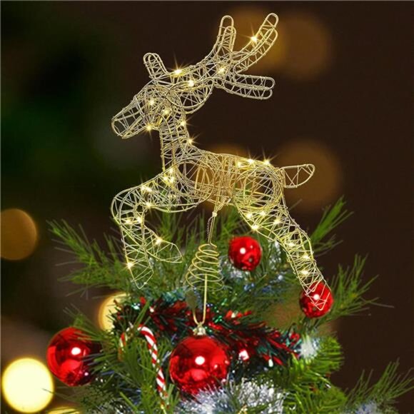 Lighted Reindeer Tree Topper - Battery Operated with 10 Warm Lights & Timer - Picture 5 of 8